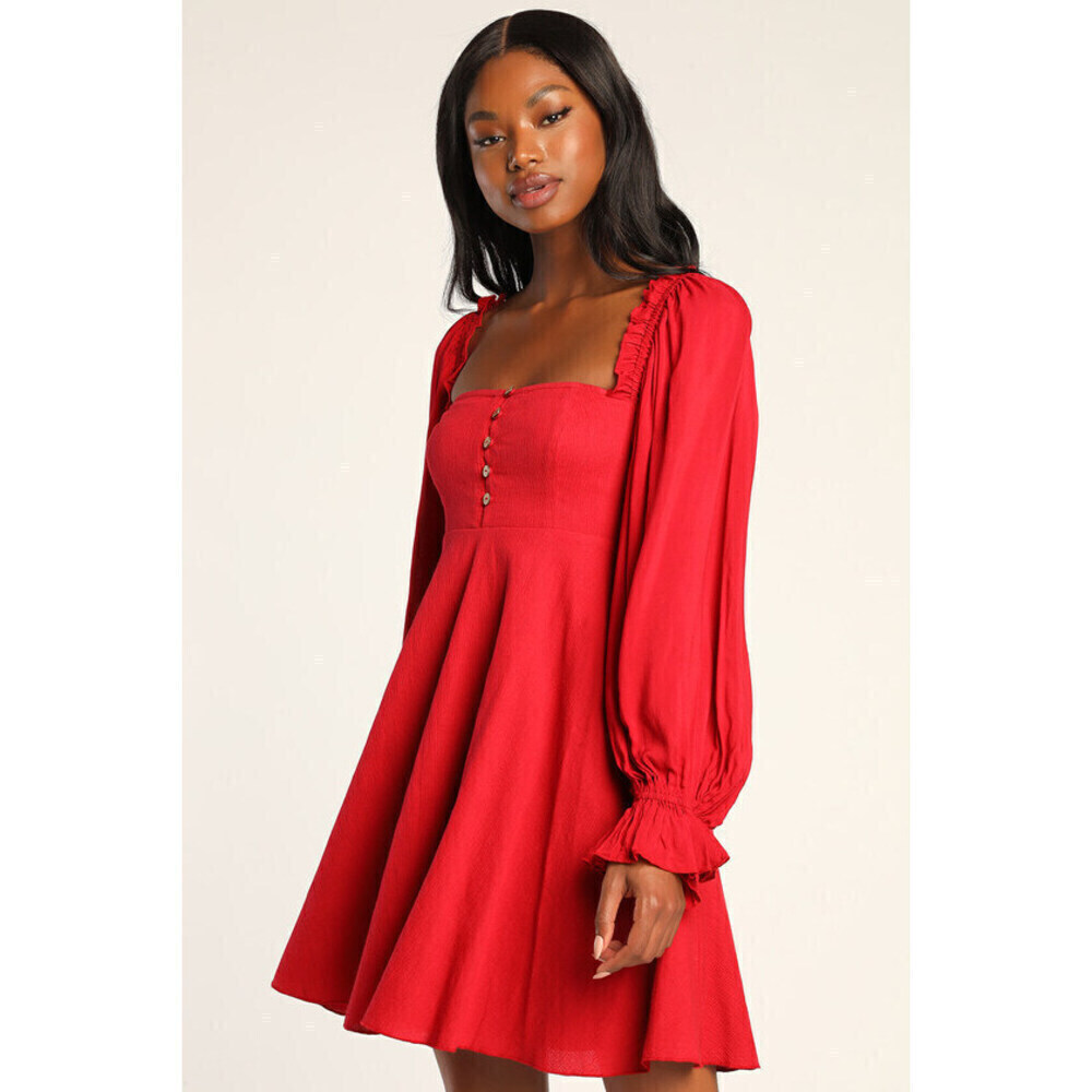 Lulus Make The Call Red Button-Up Long Sleeve Square Neck w Pockets Mini Dress S